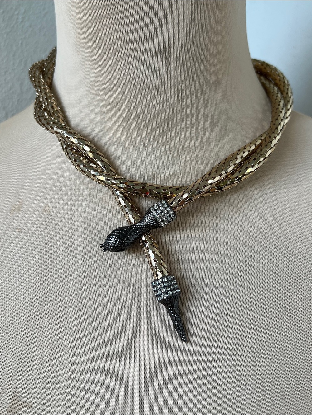 Vintage Gold-Tone Snake Lariat Necklace with Black Pavé Ends